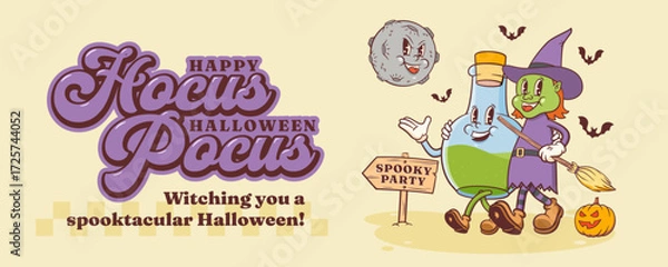 Fototapeta Halloween Groovy Witch with Broom and Poison Flask Retro Characters. Cartoon Pumpkin Helloween Banner. Vector Autumn Holiday Spooky Moon Mascot Template. Happy Vintage Cool Illustration Isolated