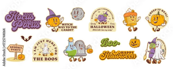 Fototapeta Groovy Halloween Pumpkin Retro Stickers Set. Cartoon Pie, Cauldron, Witch, Ghost, Moon Vector Autumn Holiday Mascot Sticker Templates Collection Happy Vintage Cool Personage Illustrations Isolated