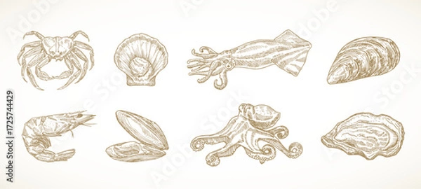Fototapeta Seafood Sketch Vector Set. Vintage Engraving Style Sea Food Illustrations. Crab Squid Octopus Shrimp and Shellfish Scallop Clams Isolated Graphic. Hand Drawn Marine Meal Elements Collection
