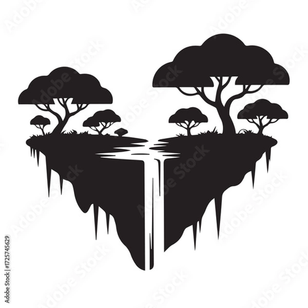 Fototapeta Silhouette of a heartshaped floating island with a waterfall and stylized trees, representing love and natures beauty in a surreal landscape technology background