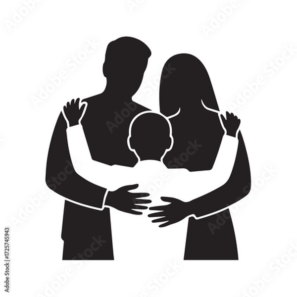 Fototapeta Silhouette of a loving family, parents embracing their child, isolated on white background technology background