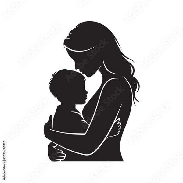 Fototapeta Silhouette of a mother holding her child tenderly, symbolizing love, family, and maternal bond in a simple and elegant design isolated on white background technology background