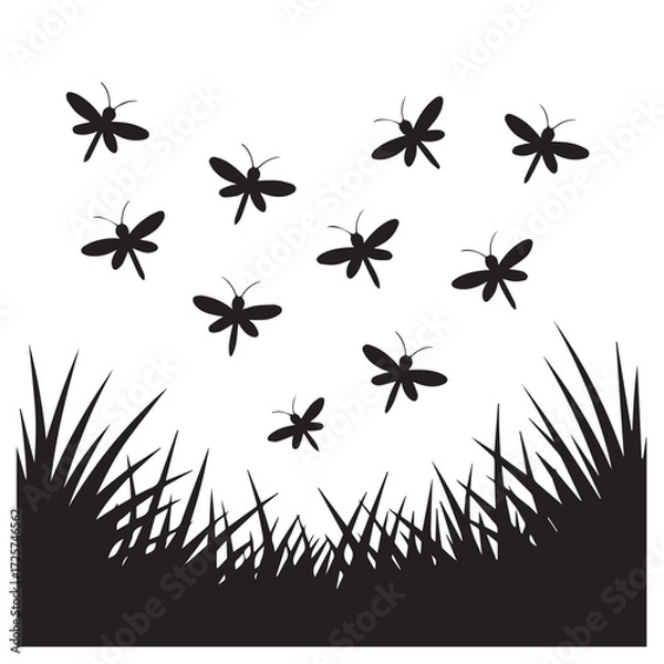 Fototapeta Silhouette of dragonflies flying over grass isolated on white background technology background