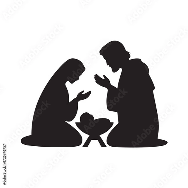 Fototapeta Silhouette of mary and joseph kneeling beside a manger with baby jesus, representing the nativity scene, isolated on white background technology background