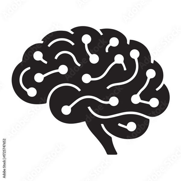 Fototapeta Stylized black silhouette of a human brain with glowing nodes and connecting lines, isolated on a white background technology background