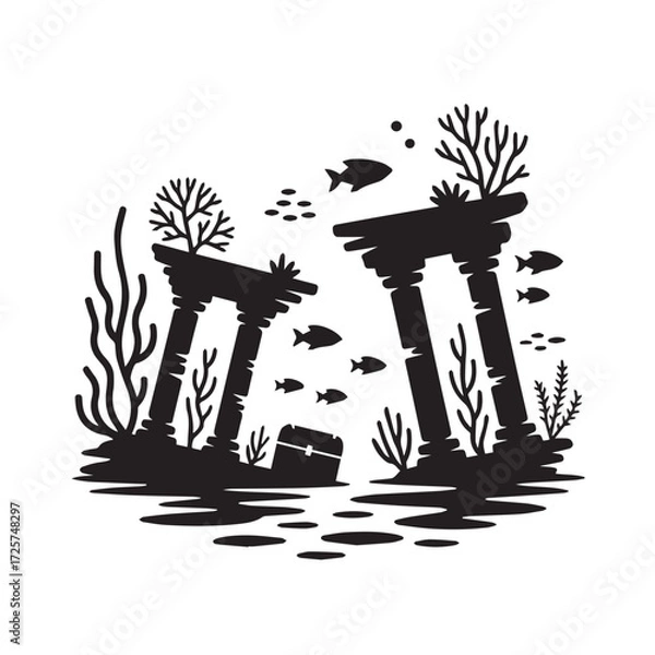 Fototapeta Underwater ruins of ancient columns with fish swimming around, a treasure chest nearby, isolated on white background technology background