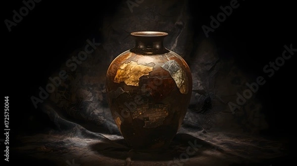 Fototapeta A robust aged vase, precious metal cracks sparkling in atmospheric museum light.