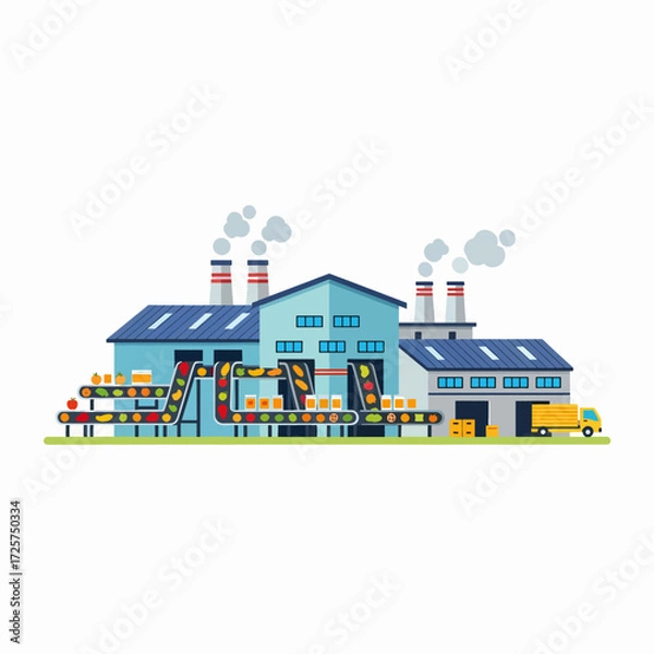 Fototapeta Modern industrial factory with automated conveyor belts processing fresh fruits and vegetables for distribution