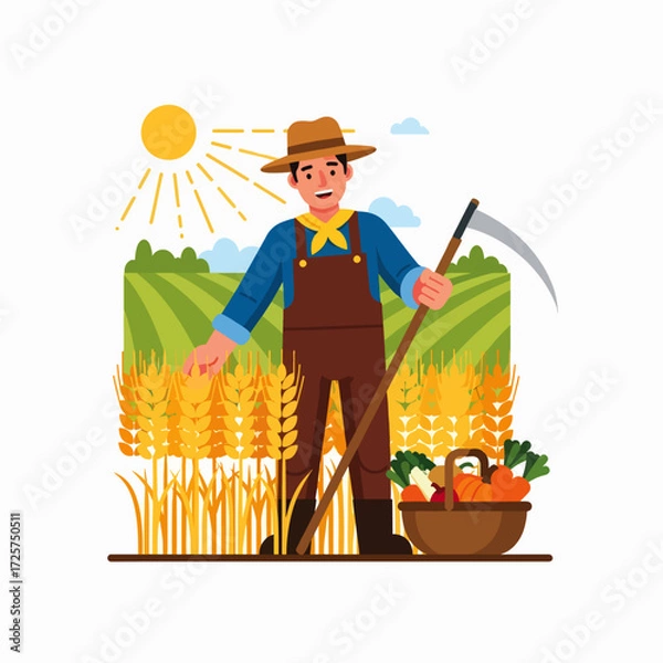 Fototapeta A Cheerful Farmer Stands Proudly in a Golden Wheat Field Holding a Scythe Near a Basket of Freshly Harvested Vegetables Under a Bright Sunny Sky