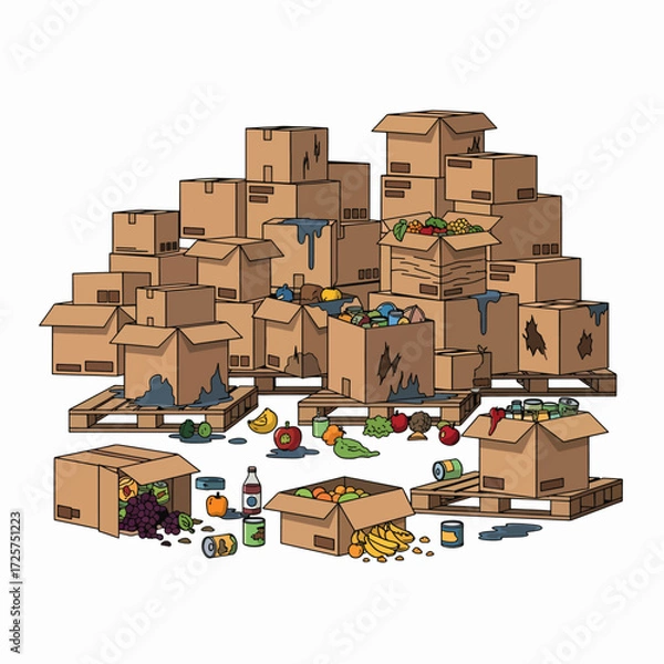 Fototapeta Illustration of a large pile of cardboard boxes many of which are damaged and overflowing with rotten food items