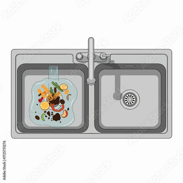 Fototapeta Double Kitchen Sink with Garbage Disposal and Running Water Over Food Scraps