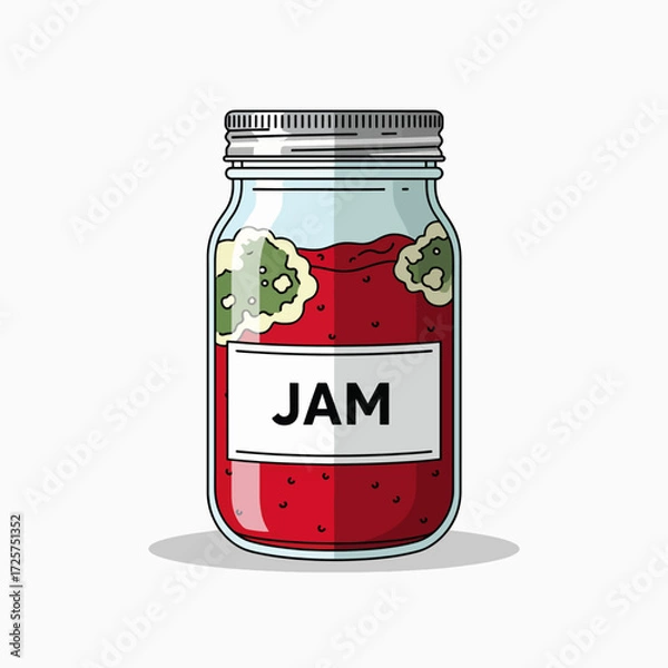 Fototapeta A jar of red jam with moldy spots on the inside walls of the glass container