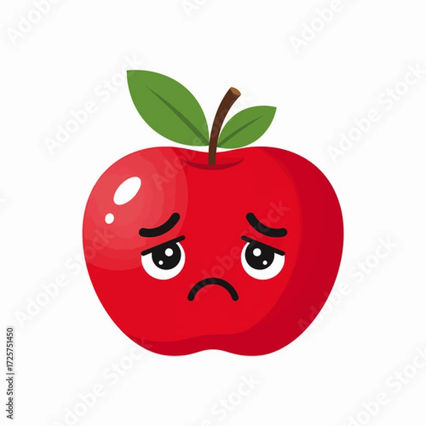 Fototapeta Sad red apple with green leaves and a stem showing a disappointed emotion
