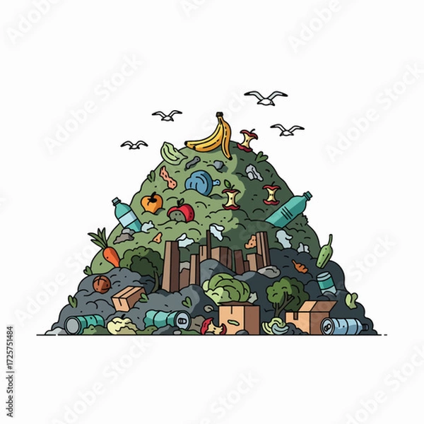 Fototapeta A massive garbage heap overflowing with various discarded food items and waste materials creating an unsightly landscape