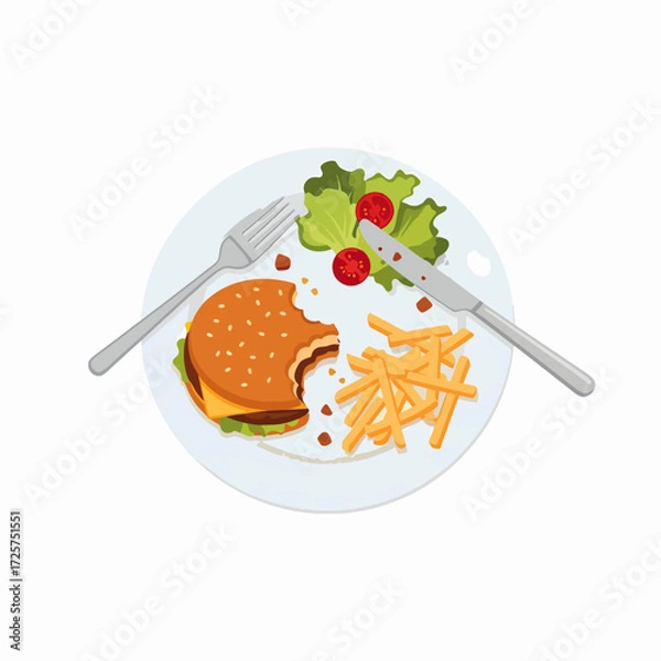 Fototapeta Delicious Burger Fries and Salad Plate Served with Utensils for Eating