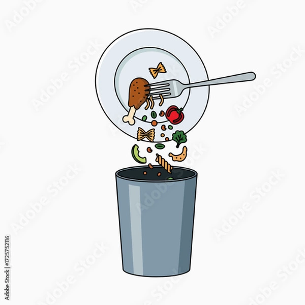 Fototapeta Food waste ending up in a trash can from a plate with a fork