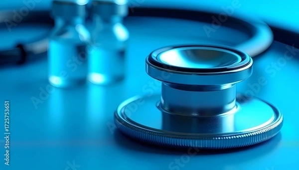 Obraz Close Up Medical Stethoscope And Vials On Blue Background