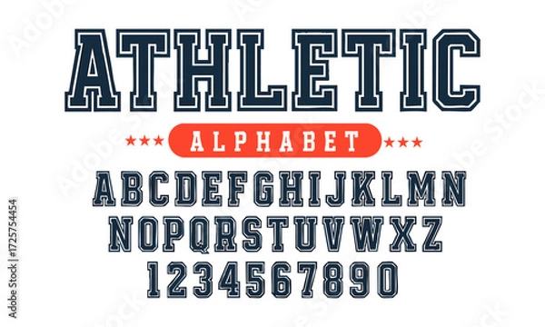 Fototapeta ATHLETIC Varsity Alphabet, Bold Outline Collegiate Font Vector illustration, Vintage sport font in American style for football, baseball, or basketball logos and t-shirts, easily editable.