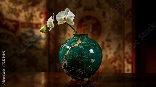 Fototapeta Luxurious emerald Kintsugi vase, golden cracks casting long theatrical shadows.