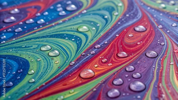 Fototapeta Abstract swirling marble texture in vivid rainbow tones, highlighted with shimmering water droplets for a decorative background.