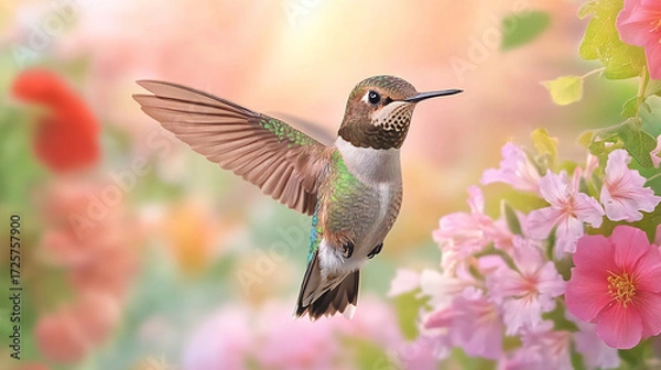Fototapeta Suspended Time: Ultra-Slow Motion Footage of a California Hummingbird in Flight, Captivating the Beauty of its Delicate Form and Feathery Wing Movement