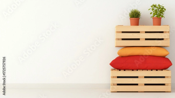 Obraz Minimalist and cozy setup featuring eco friendly wooden crates stacked with vibrant cushions and indoor plants, creating warm and inviting atmosphere