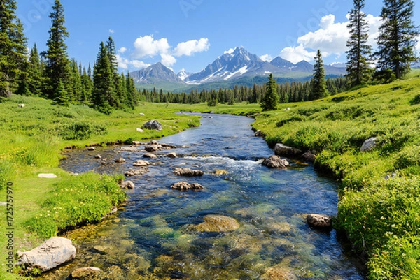 Fototapeta Spring Morning Serenity: A Soaring Mountain River Scene amidst a Spruce Forest, Featuring Peaceful Waves, Rocky Shoreline, and Lush Greenery