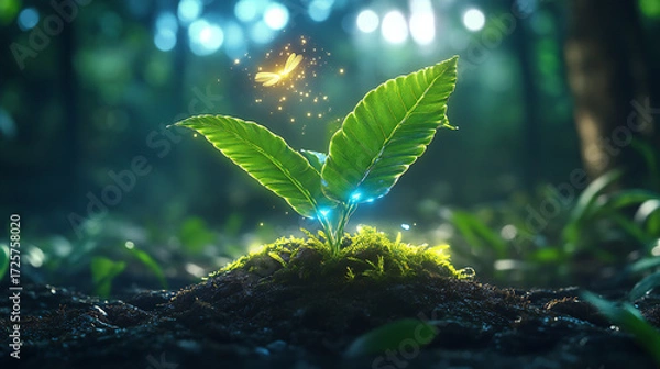 Fototapeta Whimsical Forest Scene: Glowing Fireflies amidst Exotic Ferns and Twinkling Woods on Warm Earthy Background