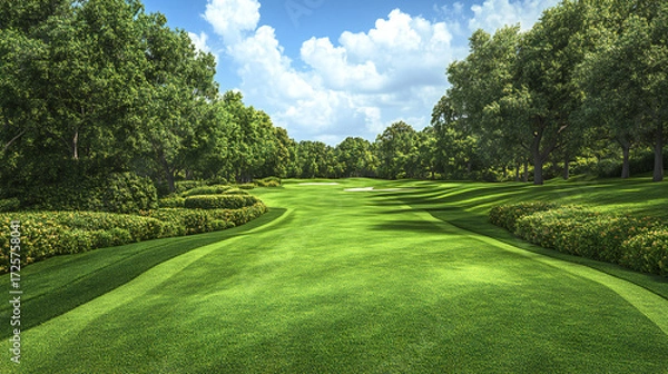 Fototapeta Serene Country Club View: Rolling Golf Fairway Landscape Featuring Green Grasses, Mature Trees, and Skyline Horizon with Calming Nature Sounds on a Relaxing Sunday Afternoon