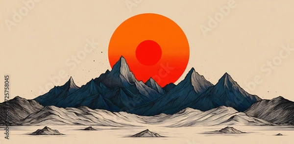Fototapeta Vibrant Sunrise Landscape with Majestic Mountains, Serene Terrain, and Abstract Background Elements in a Stunning Vector Illustration