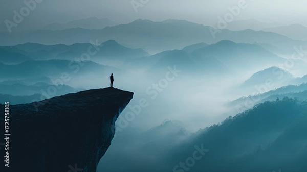 Fototapeta Man Standing on Cliff in Fog