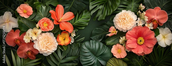 Fototapeta Dense Bloom of Tropical Flowers Against Dramatic Dark Green Leaf Background with Exotic Patterns and Colors, Asian Inspiration and Tropical Foliage