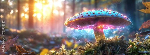 Fototapeta Intimate Close-Up Shot of a Mushroom Under Dappled Sunlight During Autumn in a Dense Forest Ecosystem