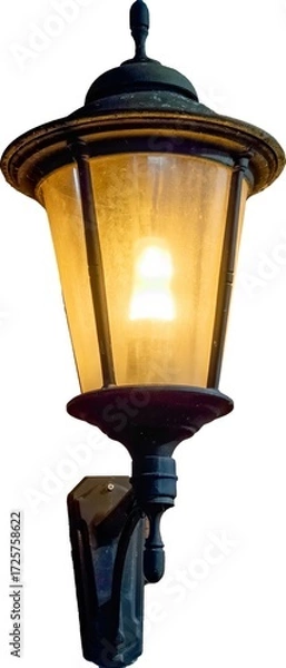 Fototapeta Lamp post with warm glow lighting up a garden path during evening hours near a residential area