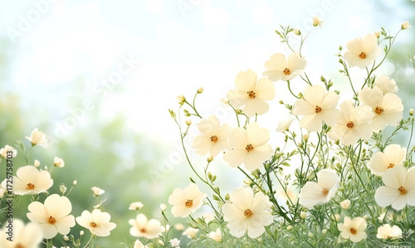 Fototapeta Whimsical Wildflowers Blooming on a Spring Day Meadow with Soft Focus and Soothing Yellow Petals