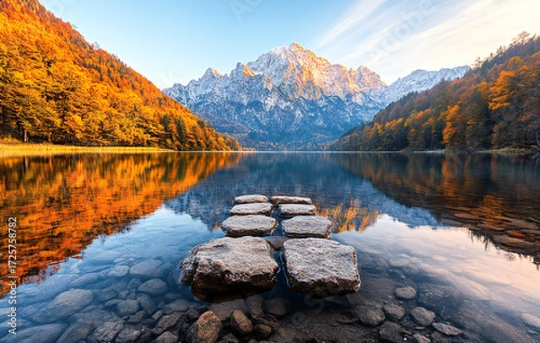 Fototapeta Bavarian Alps Autumn Sunrise over Hintersee Lake with Vibrant Colors and Reflections, Capturing the Essence of Nature's Splendor in Rural Austria-Germany Countryside