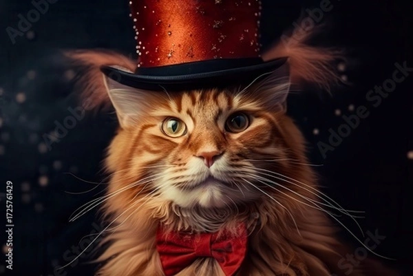 Fototapeta A distinguished ginger Maine Coon cat gazes directly at the viewer, adorned with a sparkling top hat and a smart red bow tie