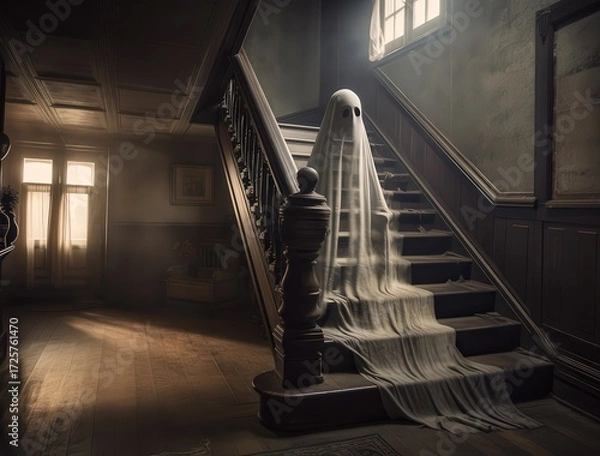 Fototapeta Sheet ghost figure standing eerily on an old wooden staircase in atmospheric house.
