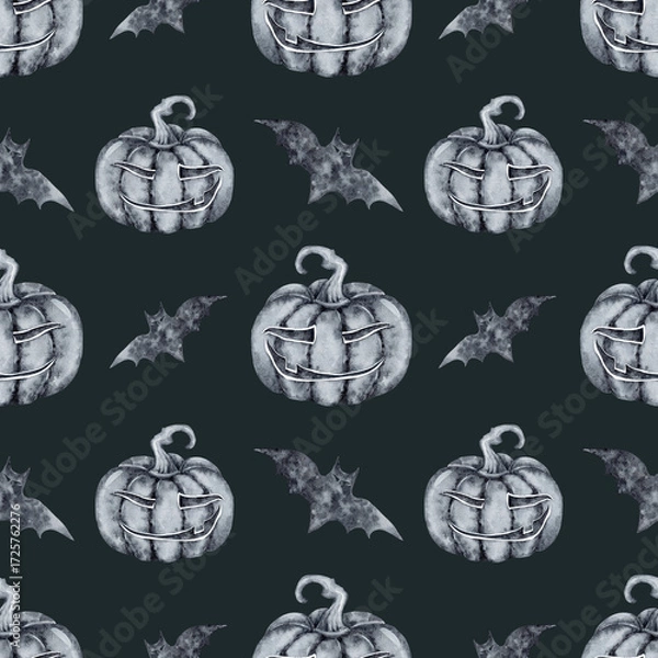 Fototapeta Seamless watercolor background for halloween with funny smiling pumpkins and bats black ink on a dark green emerald background