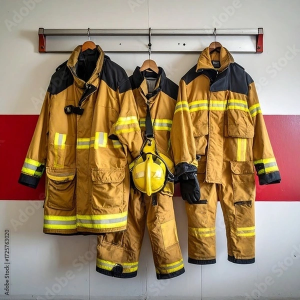 Fototapeta Firefighter gear hanging on a wall
