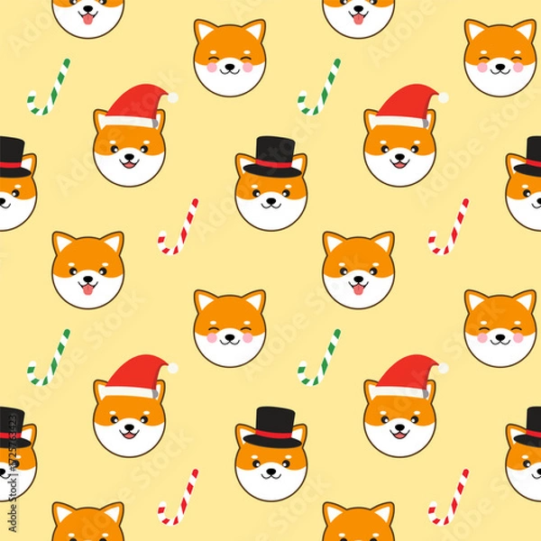 Fototapeta Happy Santa, Shiba Inu with candy canes repeat pattern isolated on yellow background.Cute, kawaii Christmas seamless pattern.Winter, new year vector background wallpaper. 