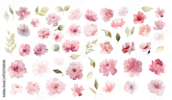 Fototapeta PrintLarge set of soft pink watercolor vector flowers with roses peonies asters and abstract blossoms in delicate transparent floral style for creative design projects