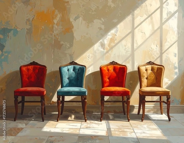Obraz Four colorful chairs in a sunlit room