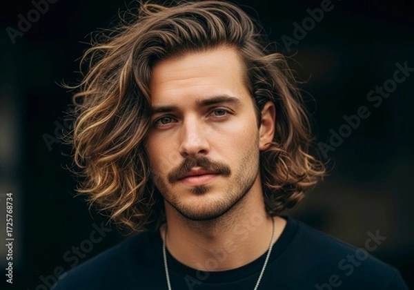 Obraz A portrait of a man with long wavy brown hair and a mustache against a dark background