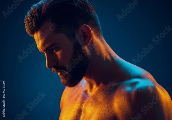 Fototapeta Closeup of a muscular mans upper body with a beard lit with dramatic yellow and blue light