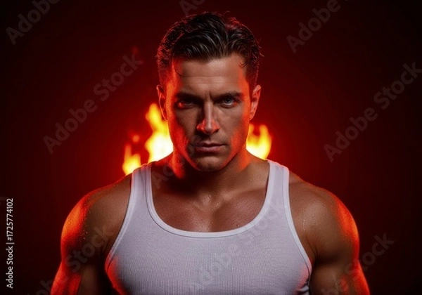 Obraz Muscular man in white tank top lit by firelight intense expression