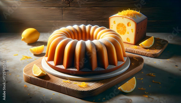 Fototapeta Golden bundt cake and citrus loaf sit on wooden boards with fresh lemon slices and zest adding vibrant detail creating a warm delicious scene of homemade dessert perfection