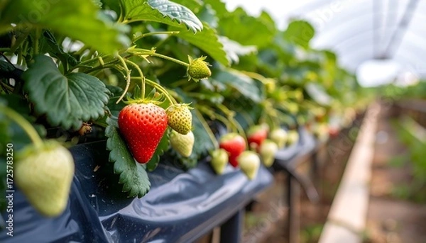 Fototapeta Fresh strawberries in a greenhouse