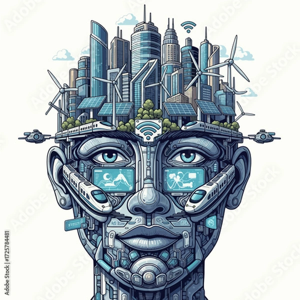 Fototapeta AI Robot Face with Futuristic Smart City and Green Technology – Vector Illustration