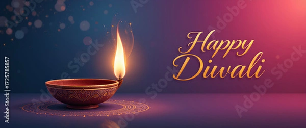 Fototapeta Happy Diwali Festive Lamp and Diya Illustration with Luminous Flame Light and Blue Magenta Glow